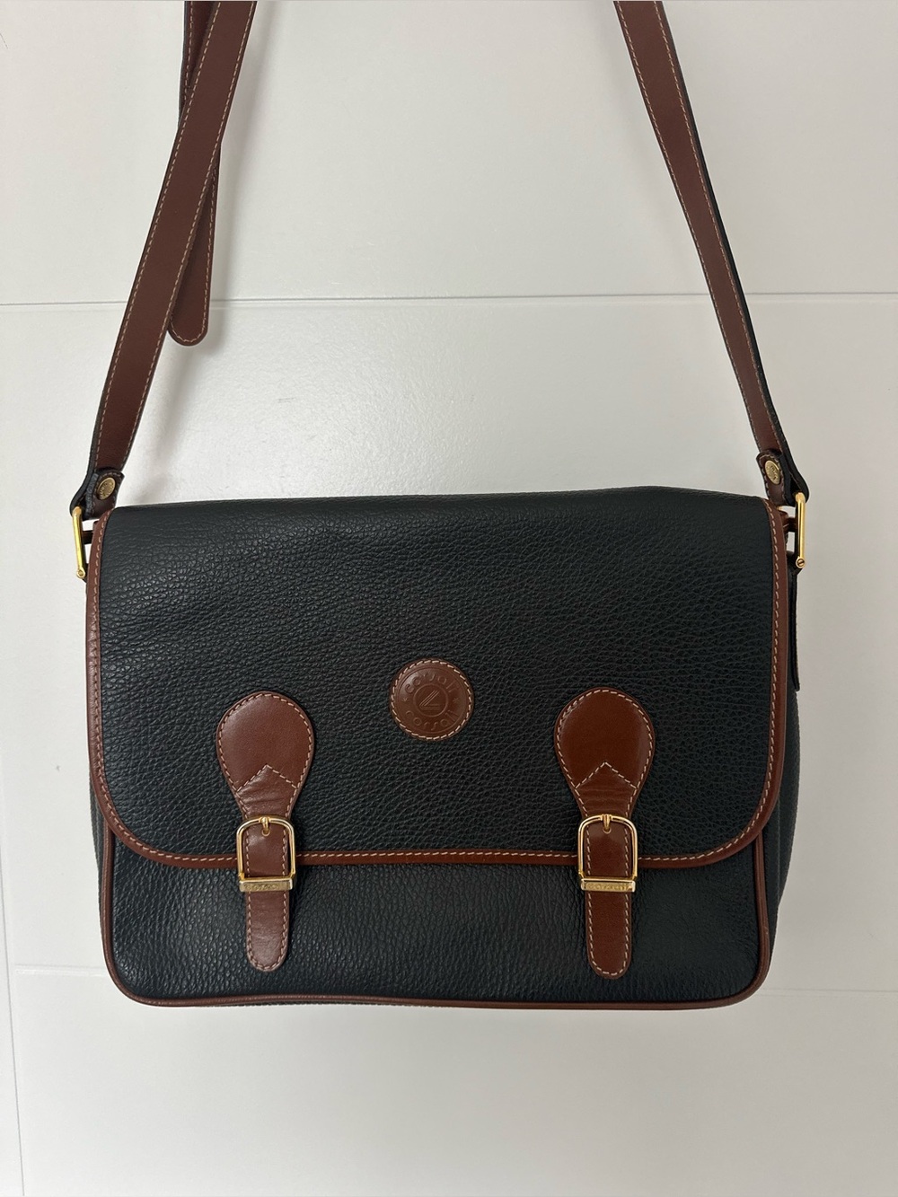 Corsali Pebbled Leather Messenger Bag with Buckle Detail